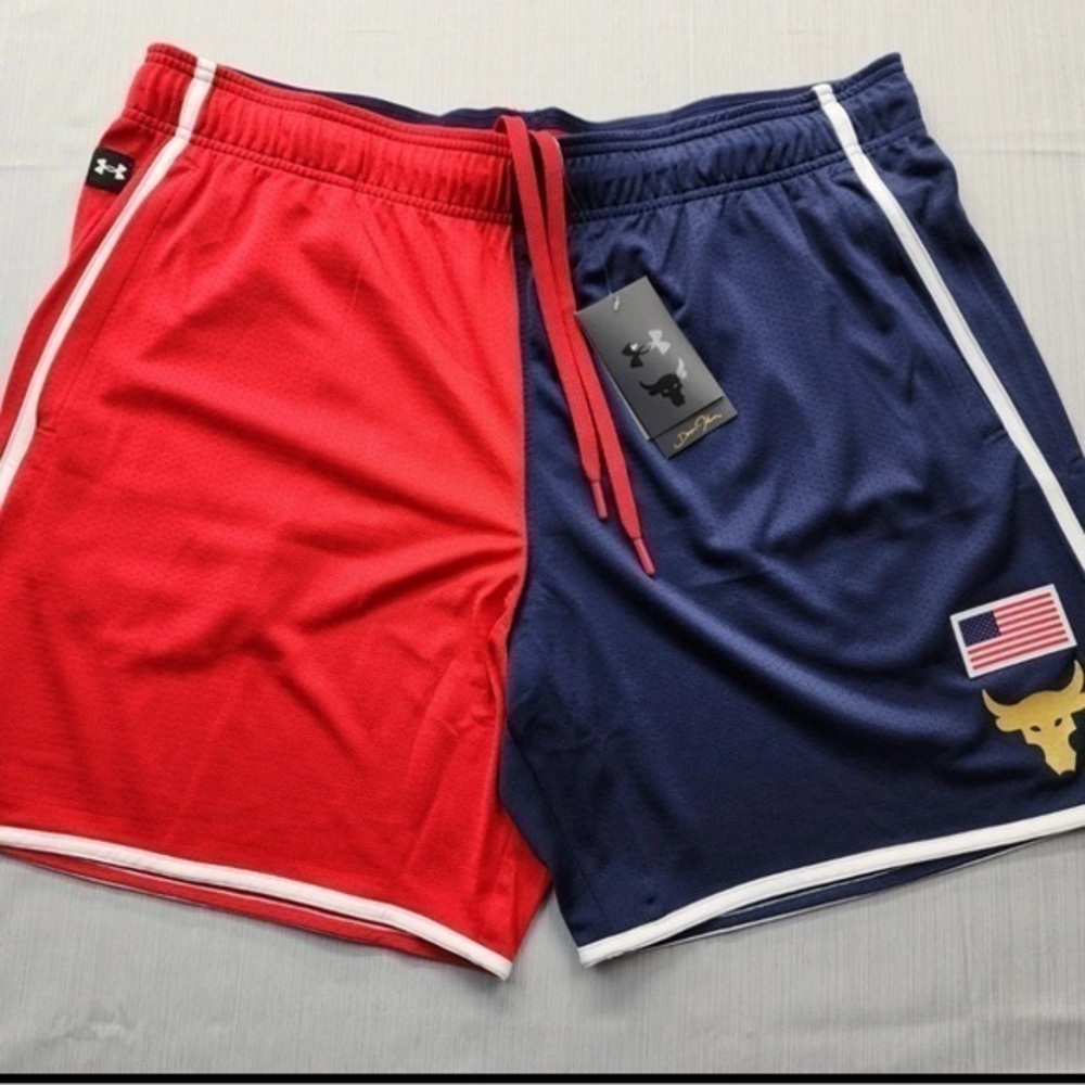 New Under Armour Project Rock Red White Blue Loose Training Shorts Sz